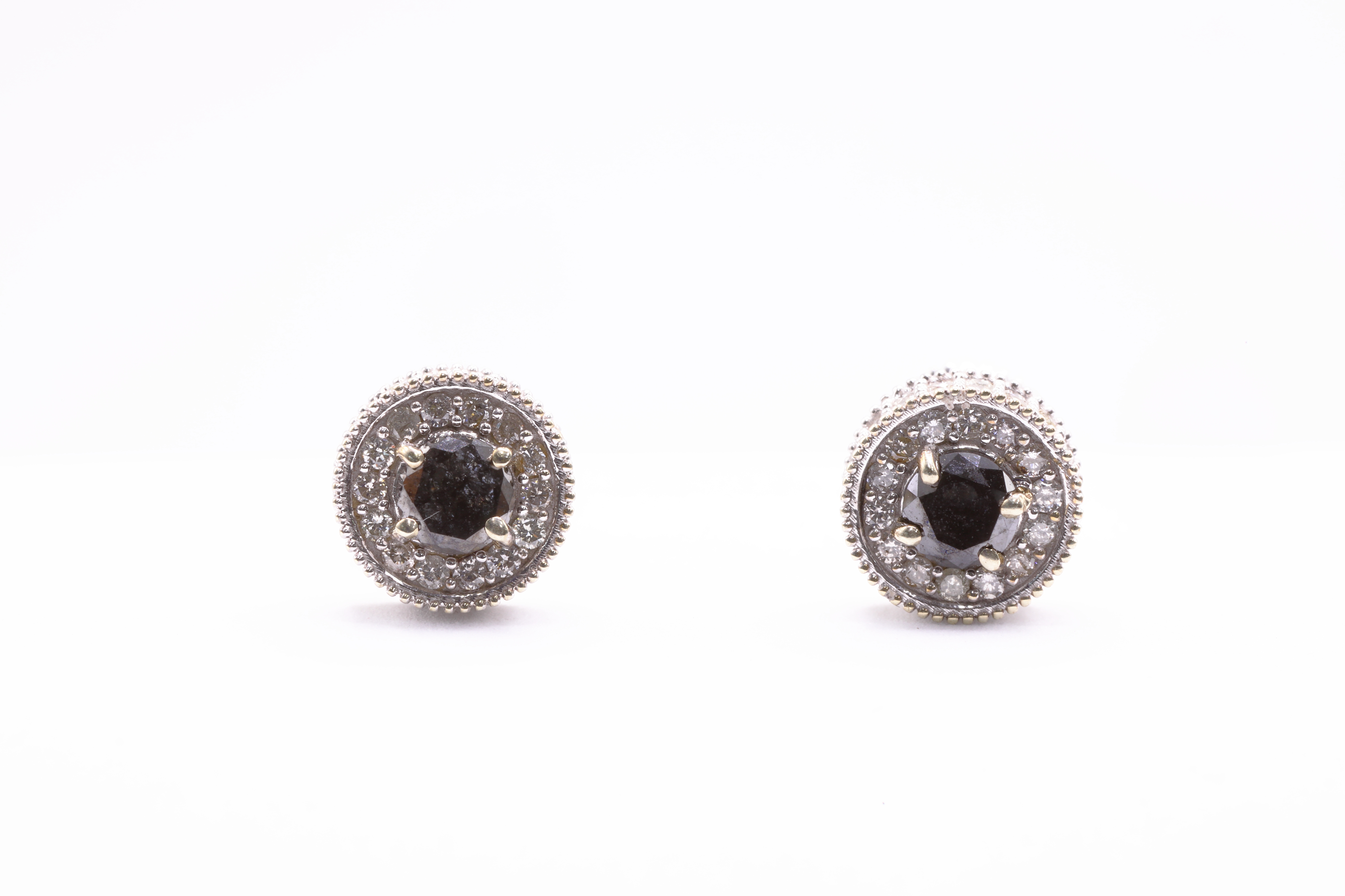 14K White Gold Black Diamond Halo Stud Earrings