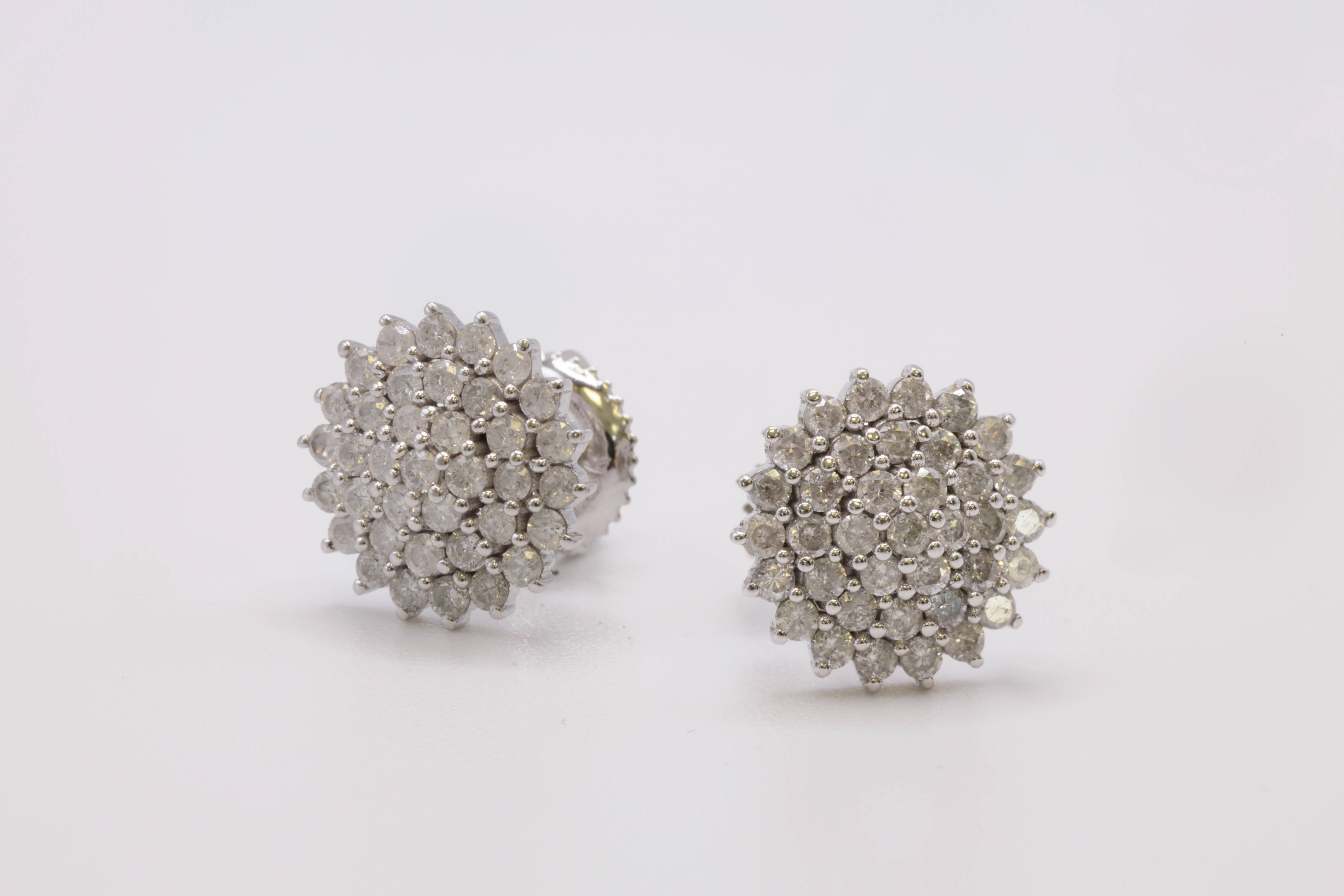 14K White Gold Diamond Sunburst Cluster Earrings