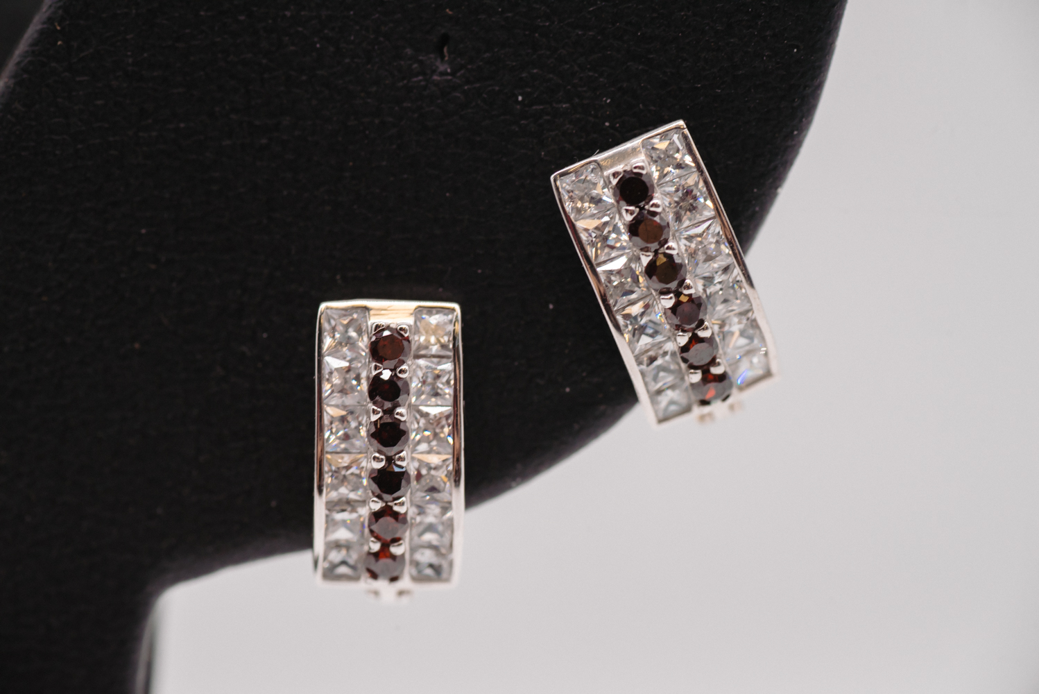 14K White Gold Garnet & Diamond Huggie Earrings