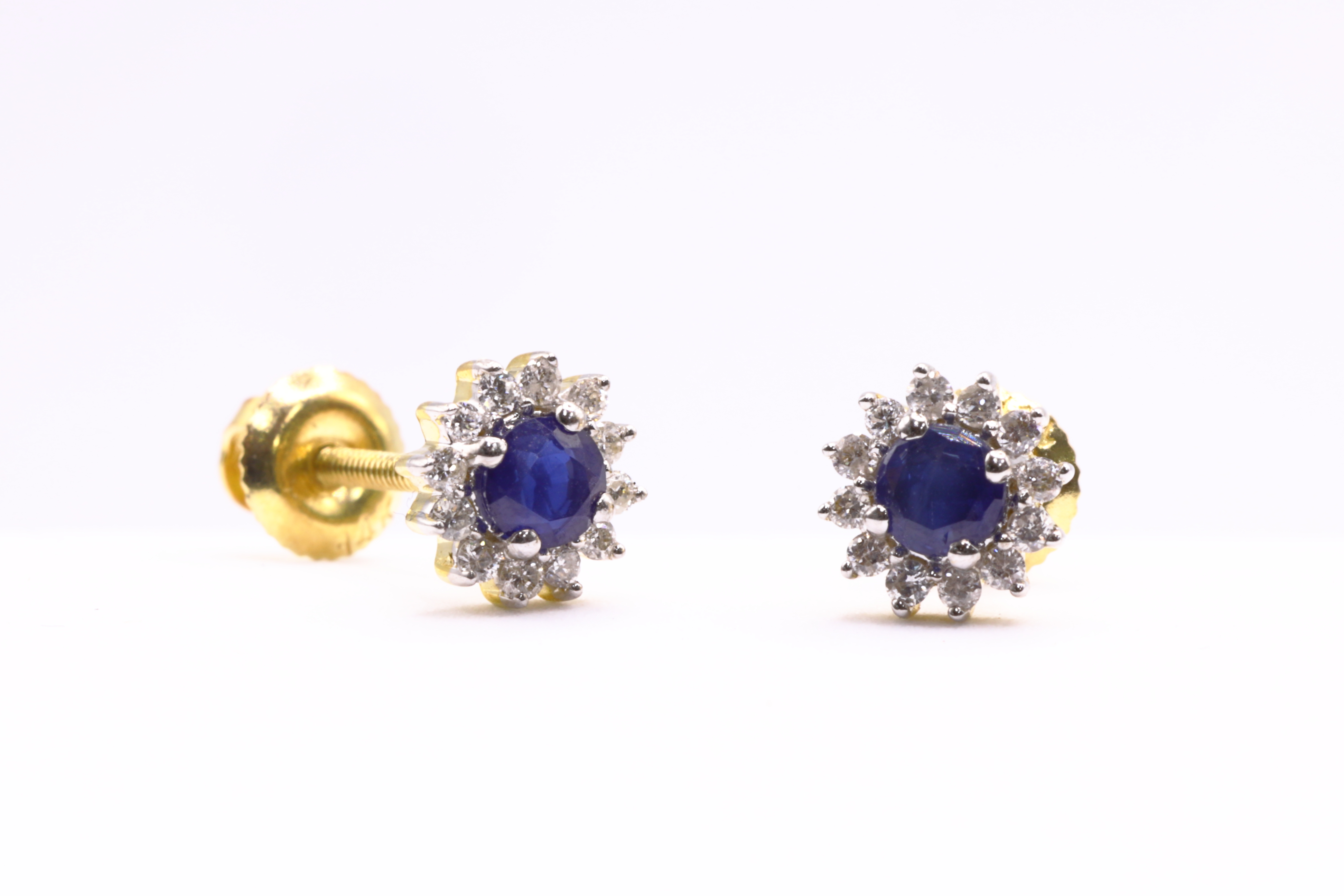 14K Yellow Gold Sapphire & Diamond Halo Stud Earrings