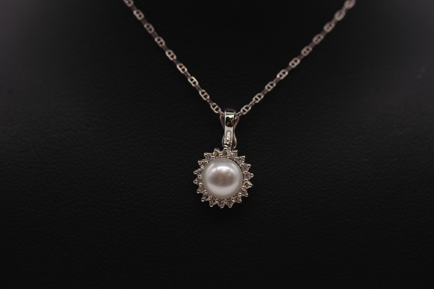 14K White Gold Pearl and Diamond Halo Pendant