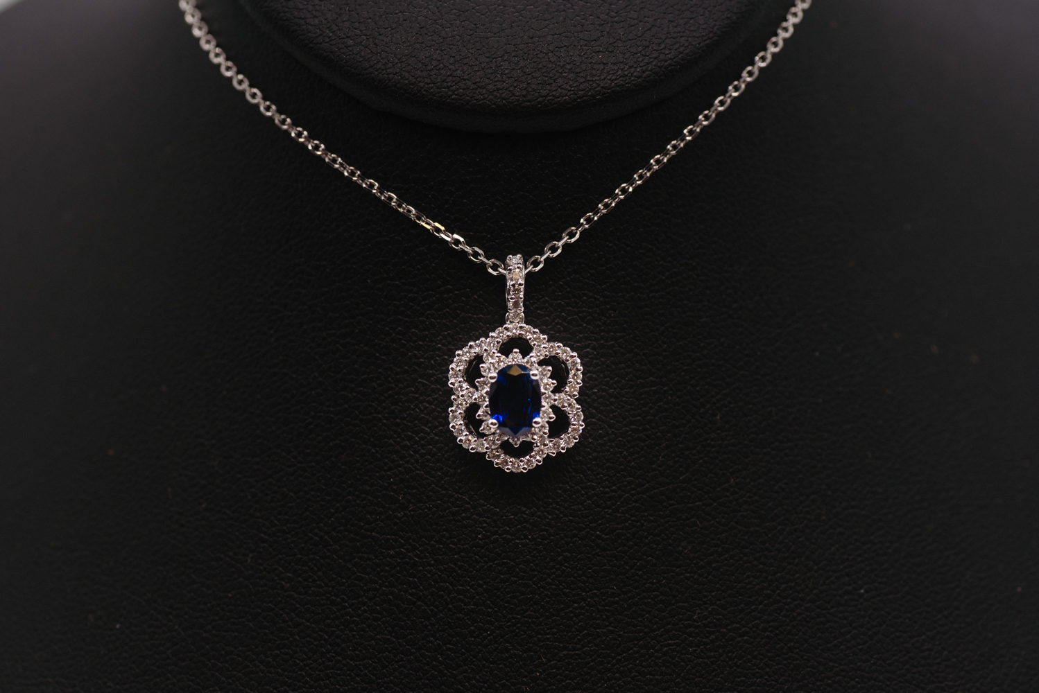 14K White Gold Sapphire and Diamond Halo Pendant